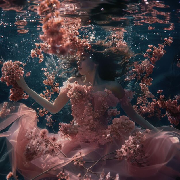 Photo a serene underwater scene featuring a woman in a pink dress surrounded by blooming flowers the water creates an ethereal atmosphere