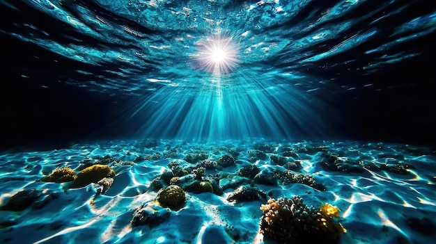 Photo serene underwater scene with rays of light penetrating the deep blue ocean