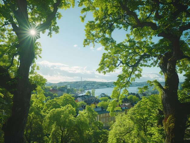 Photo serene urban landscape with sunlight filtering through lush green trees overlooking a cityscape by