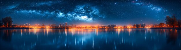 Photo serene urban nightscape with city lights reflecting on still river beneath starlit sky