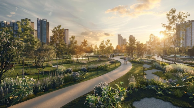 Serene urban park with winding paths lush greenery and a picturesque sunset surrounded by tall city buildings