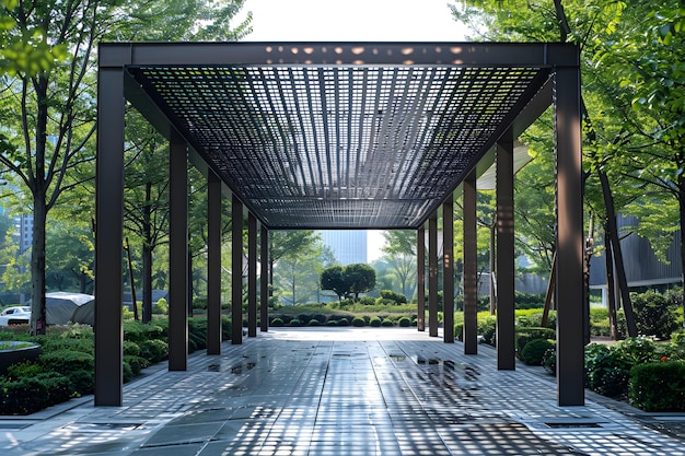 Photo serene urban walkway surrounded by lush greenery