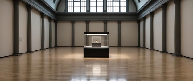 Photo a serene vacant museum featuring a single central display under high ceilings