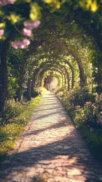 Photo a serene view of an ancient pathway lined with trees and flowers inviting tranquility