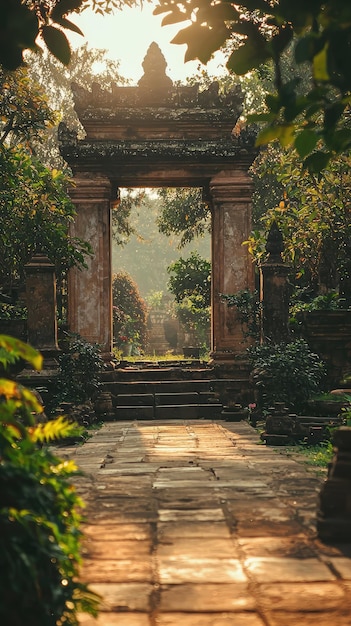 Photo a serene view of an ancient temple surrounded by lush greenery evoking tranquility