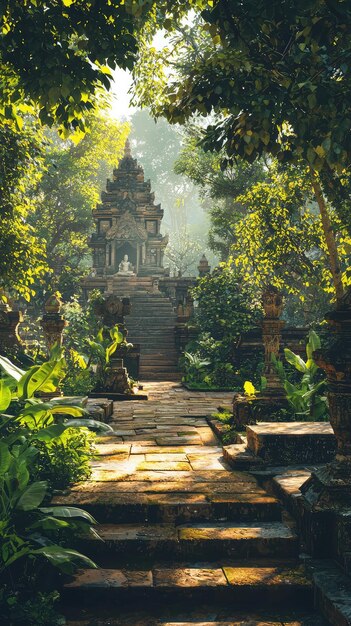 Photo a serene view of an ancient temple surrounded by lush greenery and sunlight