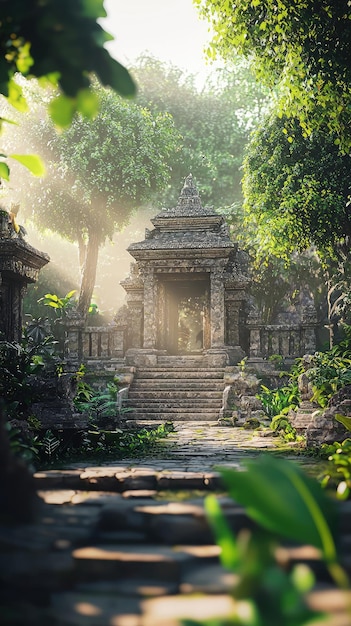 Photo a serene view of an ancient temple surrounded by lush greenery and sunlight