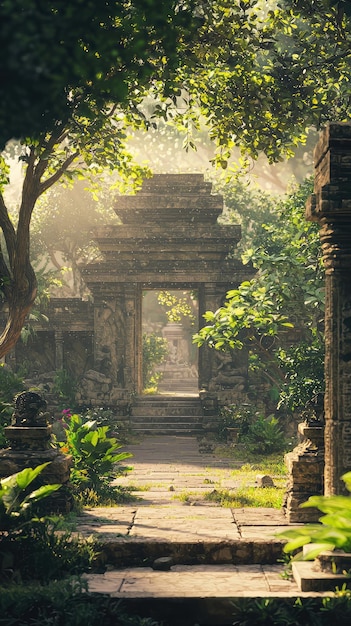 Photo a serene view of an ancient temple surrounded by lush greenery and sunlight