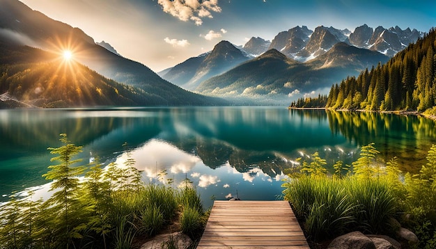 Photo a serene view of a calm lake surrounded by mountains