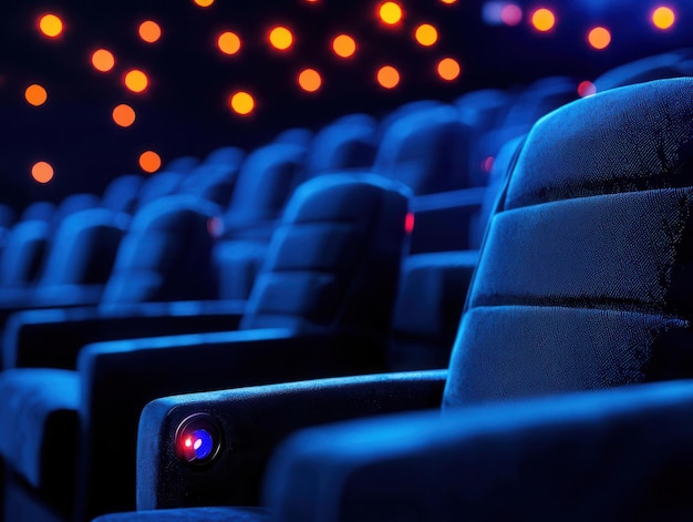 A serene view of empty cinema seats illuminated by soft lights creating a perfect ambiance for movie lovers