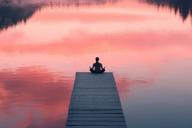 Photo a serene view of a person meditating on a wooden dock the sky is painted in soft pink shades this peaceful scene captures tranquility and reflection generative ai