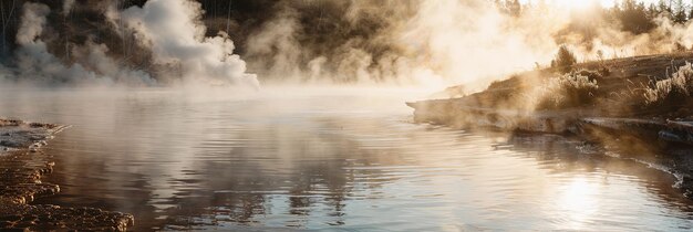 A serene view of a thermal pool in Yellowstone National Park with steam rising from the water and creating a mystical atmosphere Generative AI