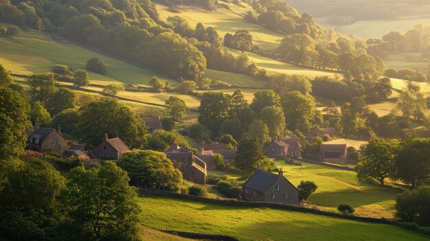 Photo a serene village landscape with lush greenery and rustic homes under soft sunlight