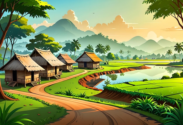 Serene Village Landscape with Traditional Houses and Lush Greenery