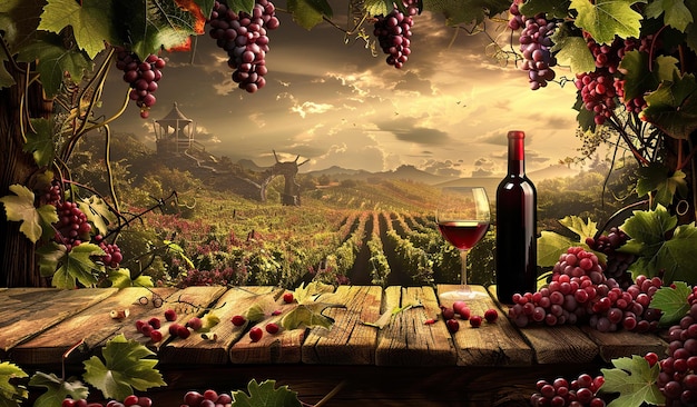 Serene vineyard landscape with red wine and grapes at sunset