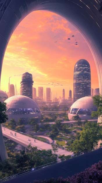 Photo a serene vision offuturistic city embracing hope and tranquility at sunset