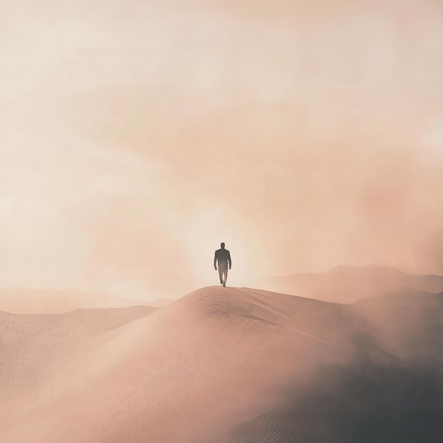 Photo serene walk across desert dune at twilight tranquil sunset over vast sandy expanse