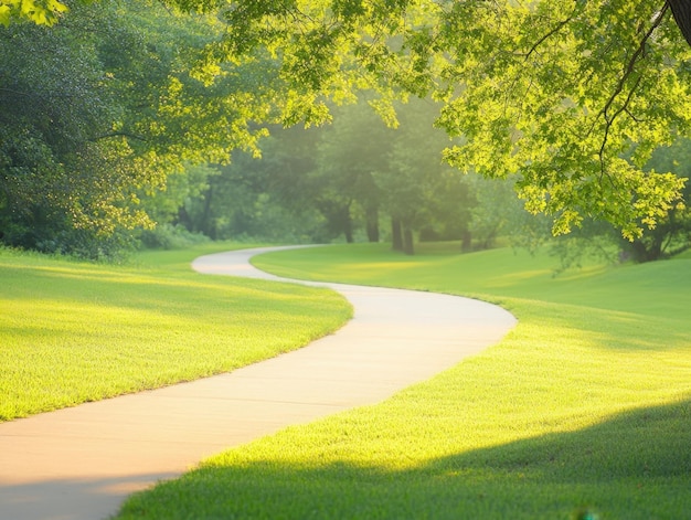 Serene walking path through lush greenery at sunrise in a tranquil park