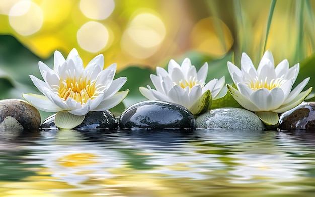 Serene water lilies bloom beside smooth stones in a tranquil pond during a sunny afternoon