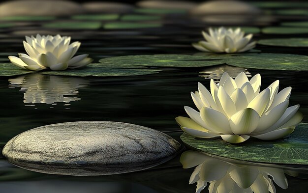 Serene water lilies bloom on tranquil pond surface illuminated by soft sunlight during early morning hours