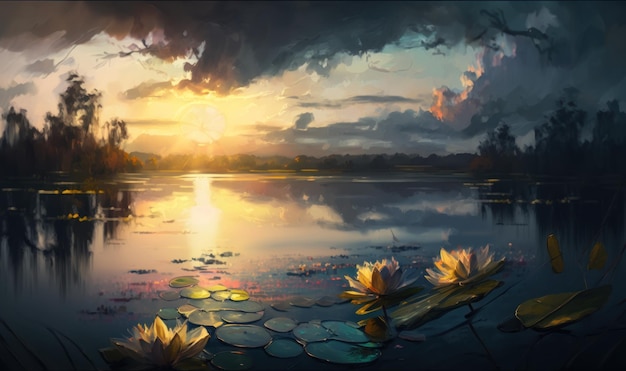 Serene Water Lilies at Sunset in a Pond with Clouds in the Sky