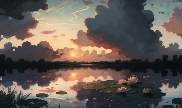 Serene Water Lilies at Sunset in a Pond