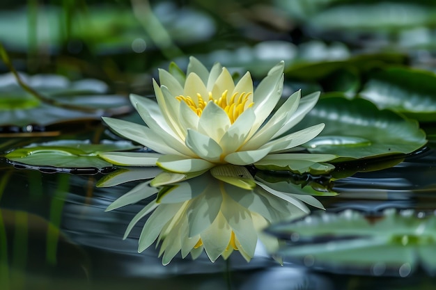 Serene Water Lily Bloom Floating on Tranquil Pond Water Surrounded by Lush Green Lily Pads in