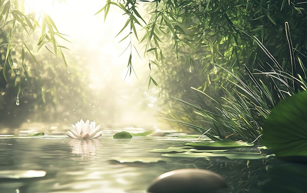 A serene water lily blooms in a tranquil green pond surrounded by lush vegetation during golden hour