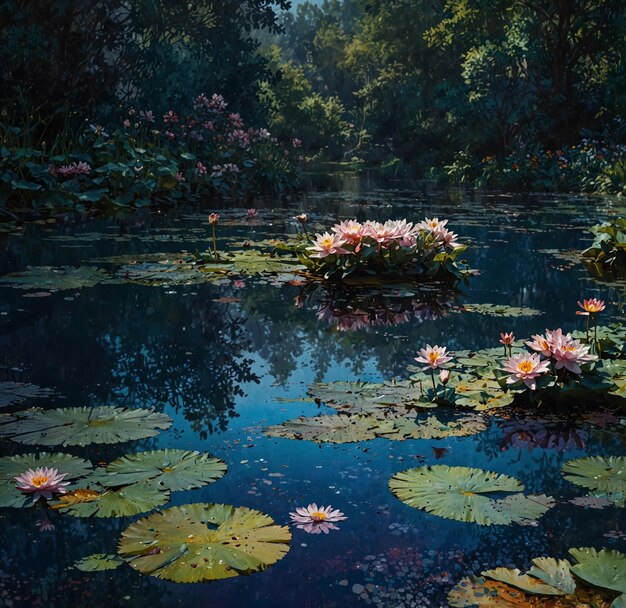 A serene water lily pond depicted in a detailed pointillism style vibrant colors intricate details