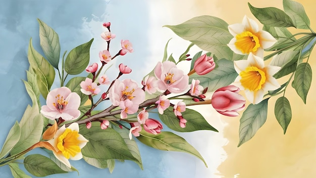 A serene watercolor botanical illustration featuring a variety of spring blossoms