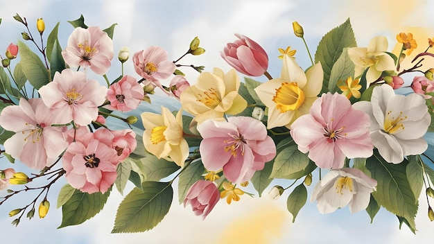 A serene watercolor botanical illustration featuring a variety of spring blossoms