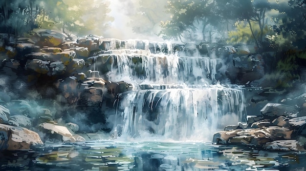 Serene Watercolor Depiction of a Cascading Waterfall in the Lush Wilderness