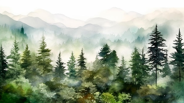 Serene Watercolor Forest Landscape with Majestic Mountains Pine Trees and Lush Greenery Generative AI