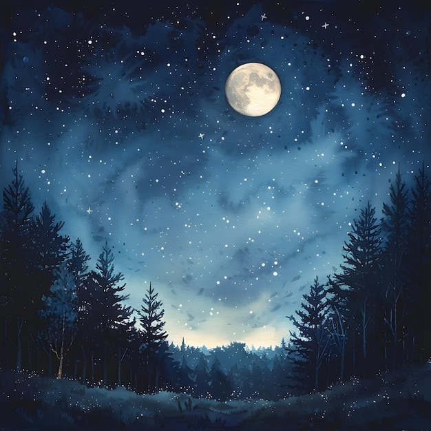 Serene Watercolor of Glowing Moonlit Night Sky with Twinkling Stars and Silhouetted Landscapes