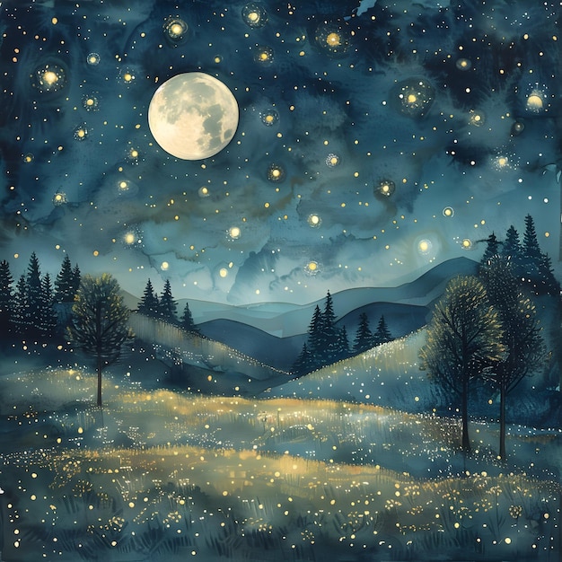 Serene Watercolor of Glowing Moonlit Night with Starry Sky and Silhouetted Landscapes