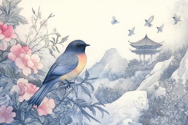 Serene Watercolor Illustration of a Bluebird Perched Amidst Blooming Roses and a Distant Pagoda