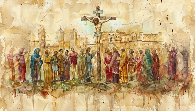 A serene watercolor illustration of Jesus on the cross with people kneeling in prayer