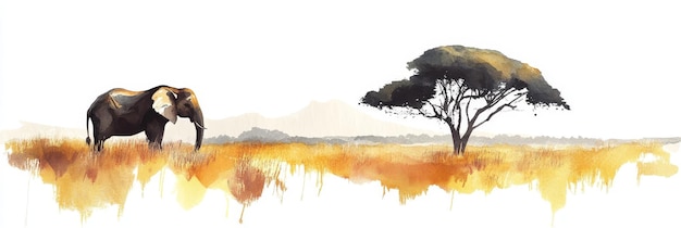 A serene watercolor illustration of a lone elephant standing in the golden grass of the Masai M