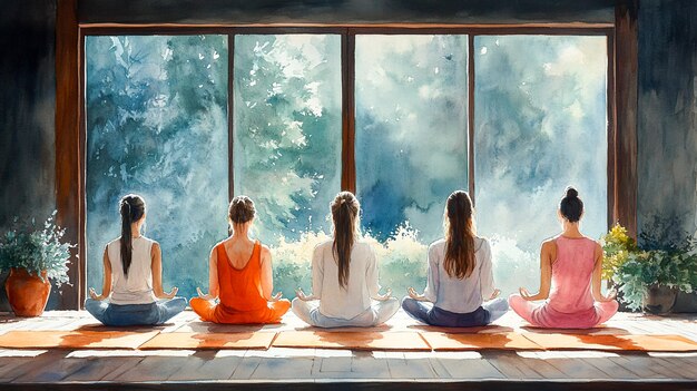 Photo serene watercolor illustration of wellness professionals guiding yoga and meditation class