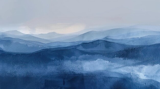 A serene watercolor landscape depicting layered blue mountains under a soft sky