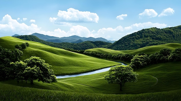 Photo serene watercolor landscape of peaceful countryside with rolling hills and winding river