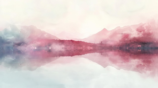 A serene watercolor landscape with soft hues reflecting on calm water evoking tranquility and peace in nature