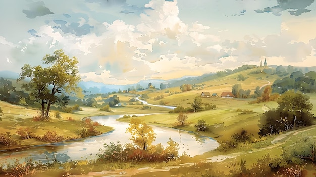 Serene Watercolor Landscape with Winding River Rolling Hills and Traditional Village