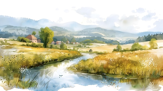 Serene Watercolor Landscape with Winding River Rolling Hills and Traditional Village