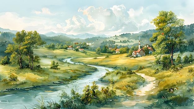 Serene Watercolor Landscape with Winding River and Traditional Village