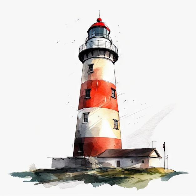 Serene Watercolor Lighthouse on a Clean White Background