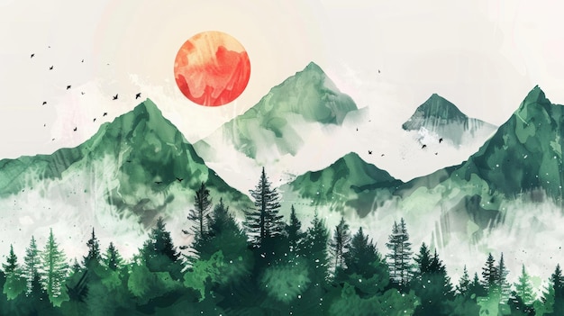 Serene Watercolor Mountain and Forest Landscape with Misty Valley