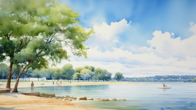 a serene watercolor painting captures a picturesque lake scene, featuring a boat carrying people. the delicate strokes and vibrant colors evoke the style of edogawa ranpo's landscapes. this en plein a