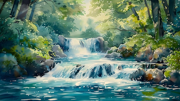 Serene Watercolor Painting of a Peaceful Forest Stream Flowing Through Lush Natural Scenery