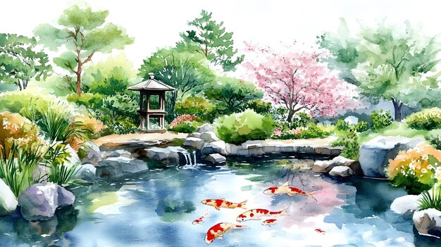 Photo serene watercolor painting of tranquil japanese garden with koi pond and lush foliage